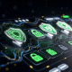 A futuristic online casino interface with glowing security shields and digital padlock icons, symbolizing robust data protection and trust in a licensed gaming platform.